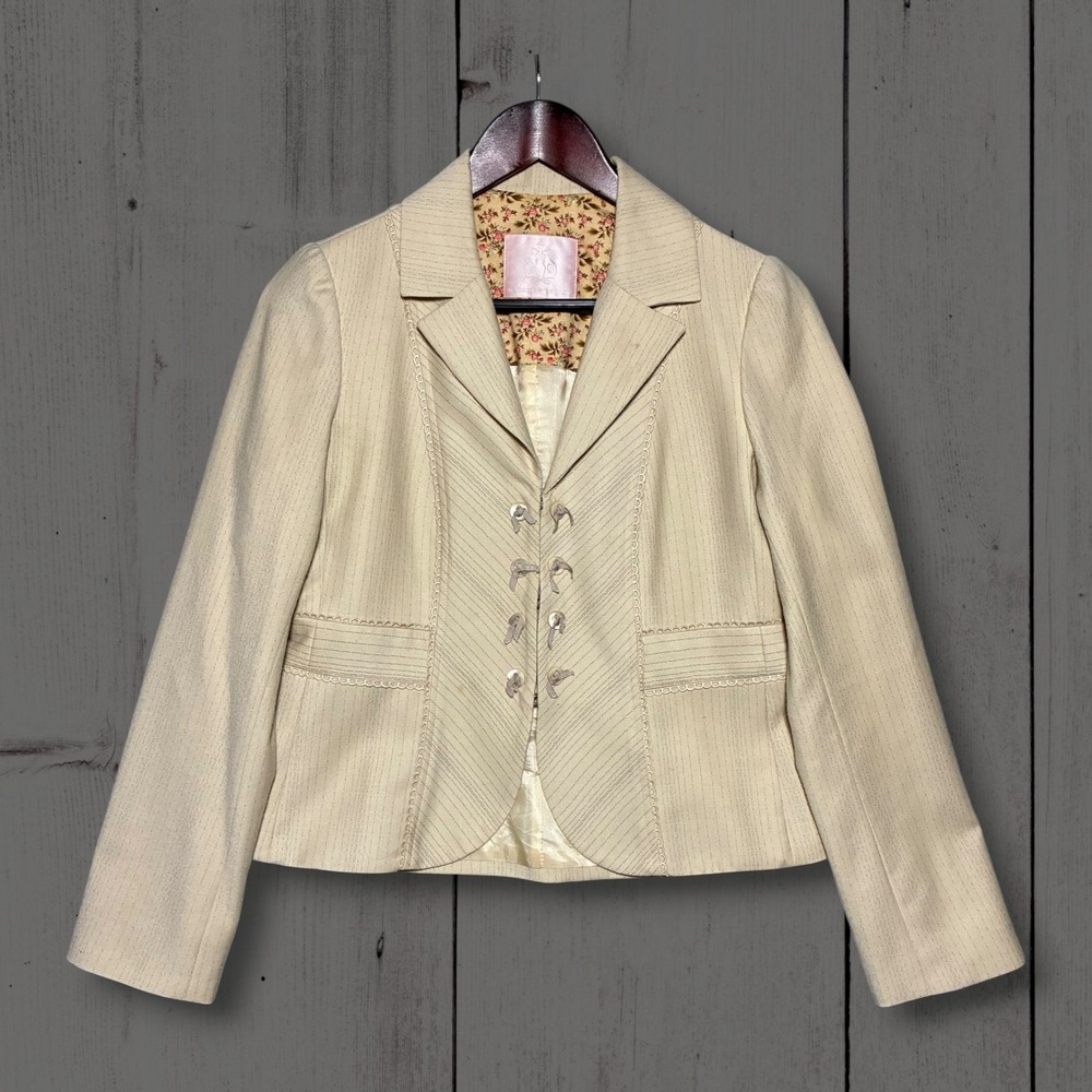 Rebecca Taylor Wool Pinstripe Ribbon Button Blazer Women 8‎ Cream